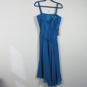 Nine West Beaded Cocktail Dress 6 Blue 100% Silk Asymmetric Midi Formal y2k 204
